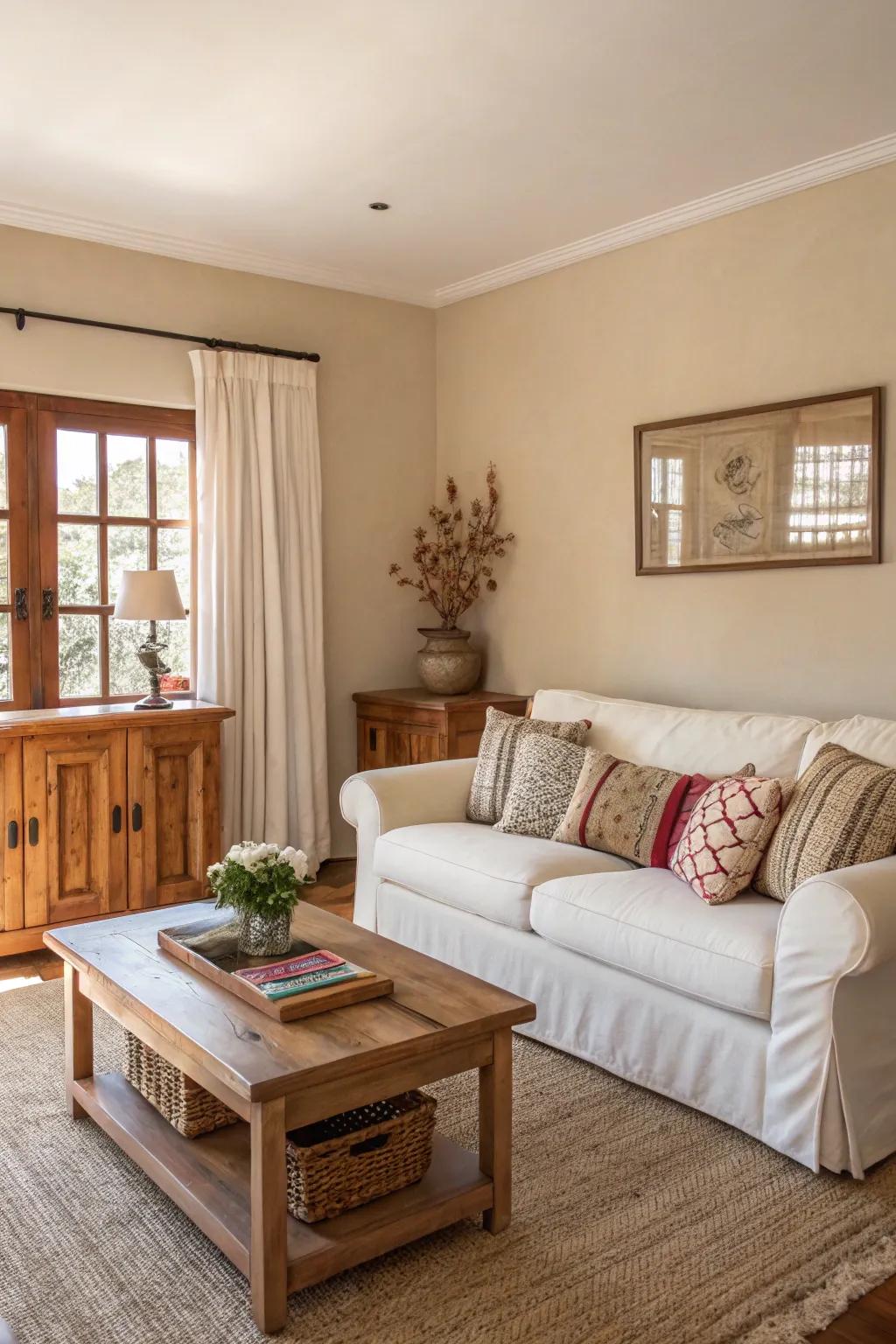 A neutral palette sets a calming backdrop in this spa-inspired living room.