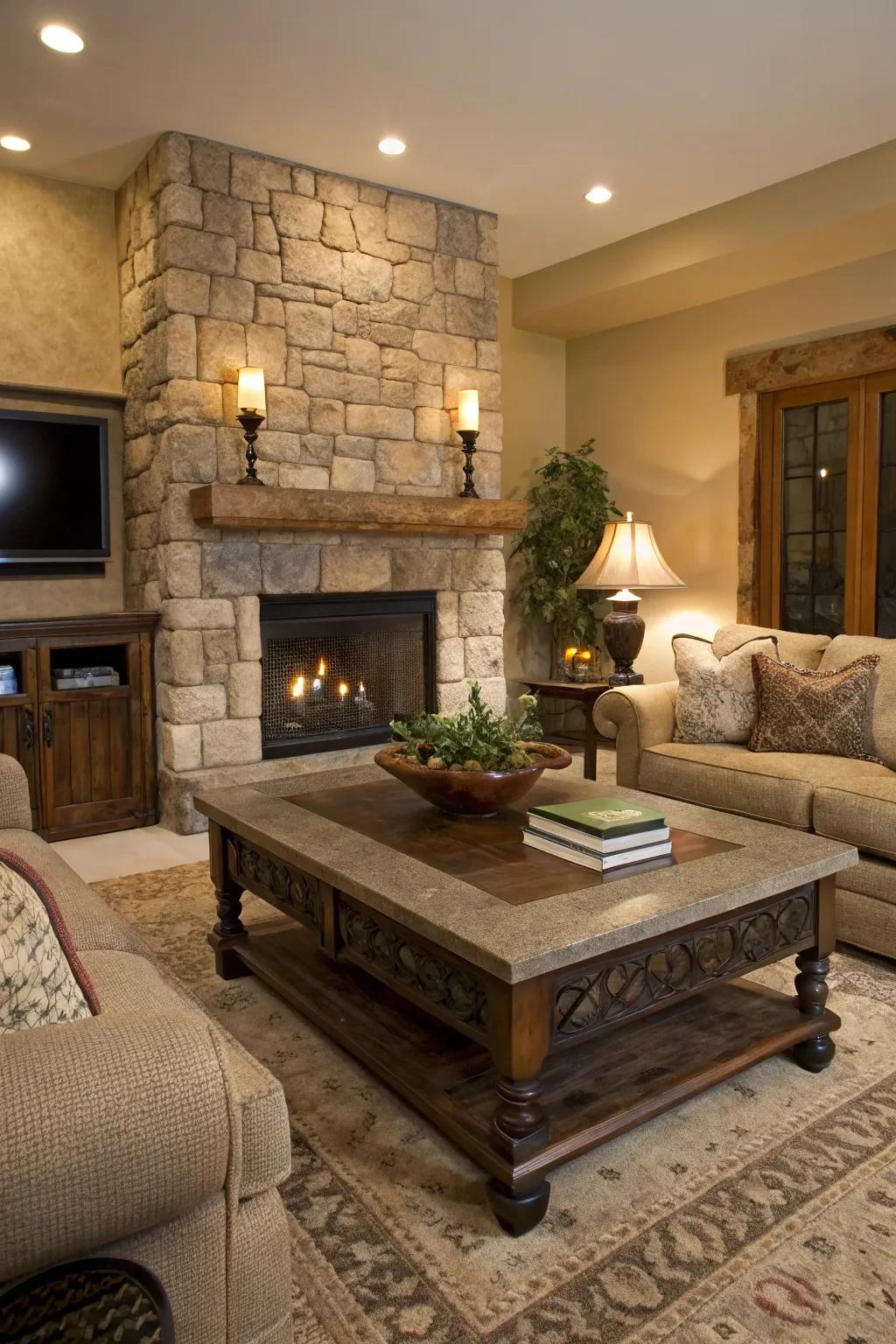 Stone accents blend luxury with nature.