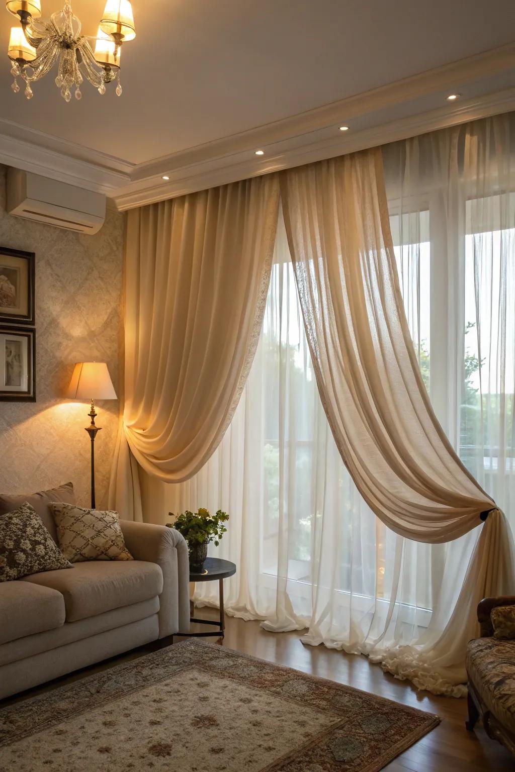Layered curtains offer flexibility in light and privacy.