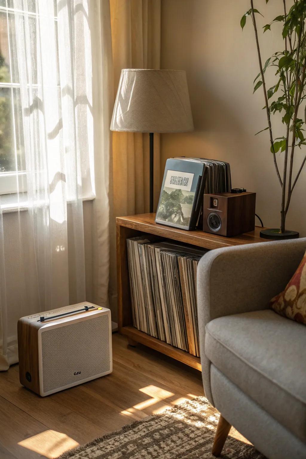 A music corner invites melodies that soothe and relax.