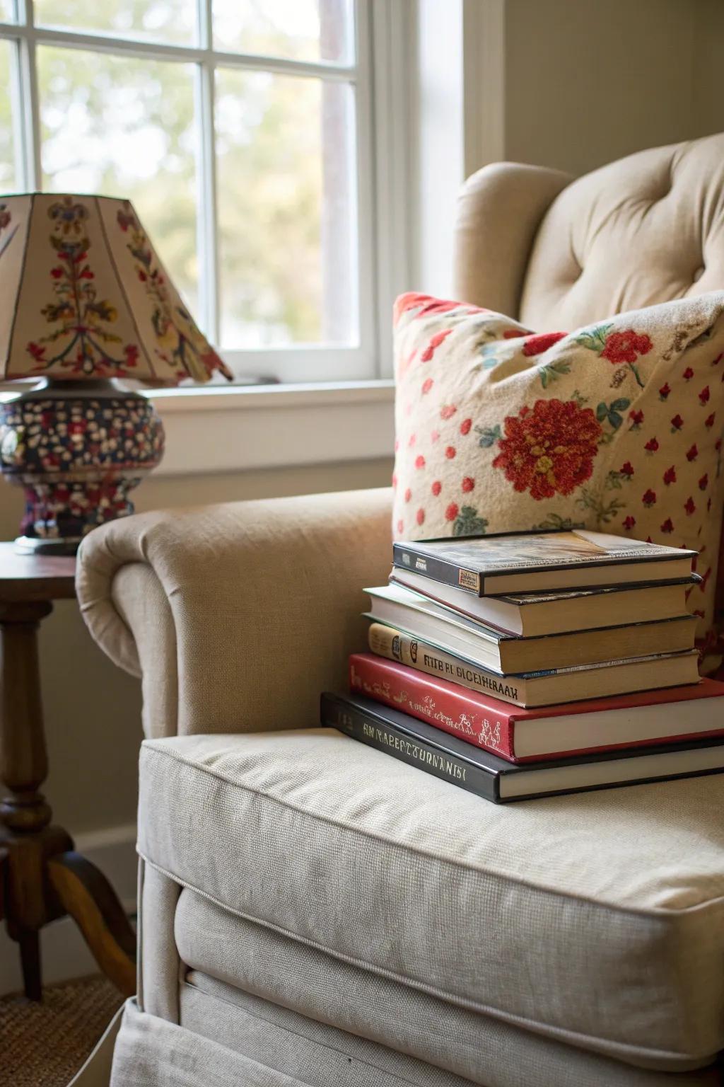 A reading nook offers a peaceful escape.