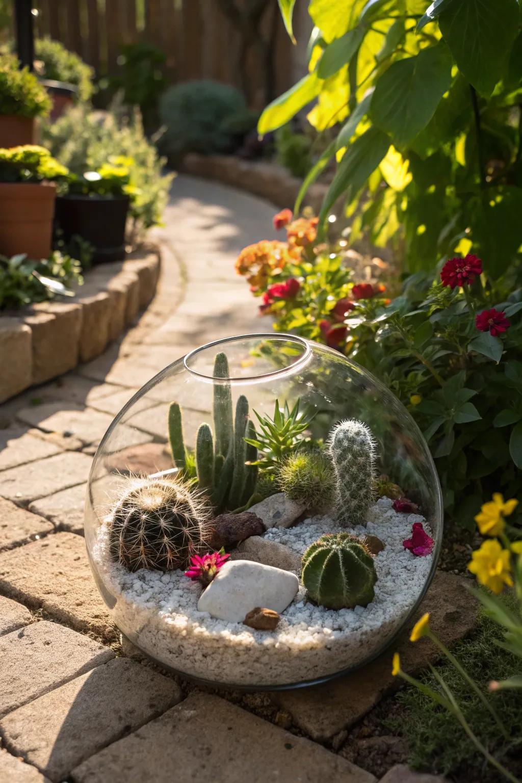 Crystals and cacti come together for a terrarium full of energy and shine.