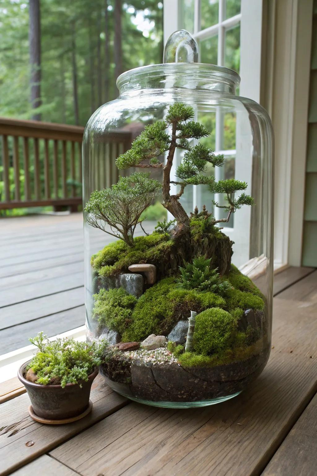 A miniature forest terrarium brings the magic of woodlands to your porch.