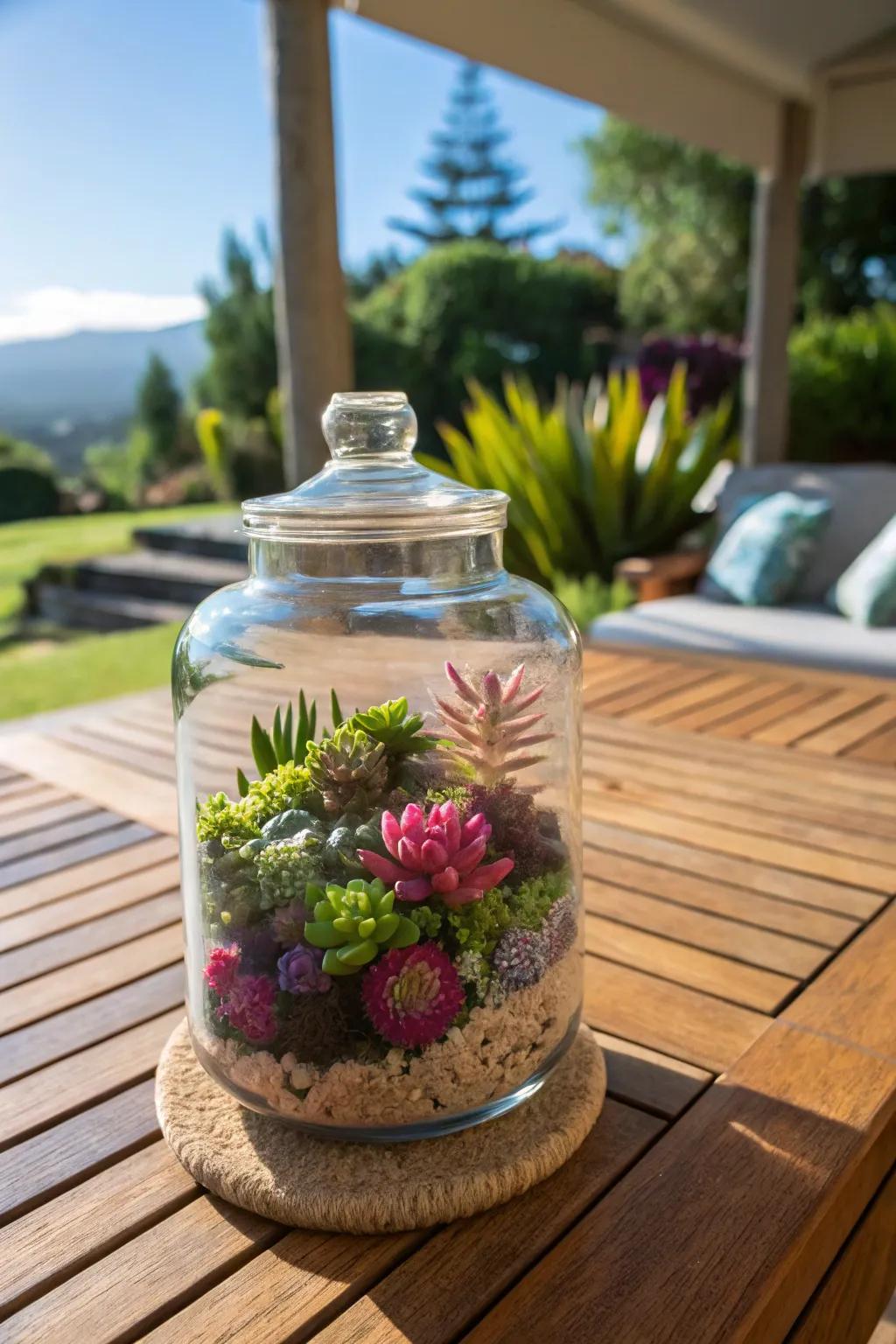 A vibrant array of succulents thriving in a simple glass jar.