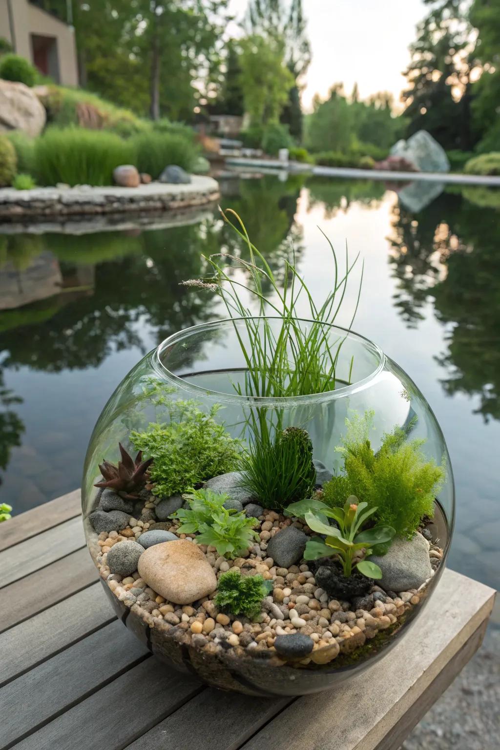 An aquatic terrarium adds a refreshing vibe to your garden's ambiance.