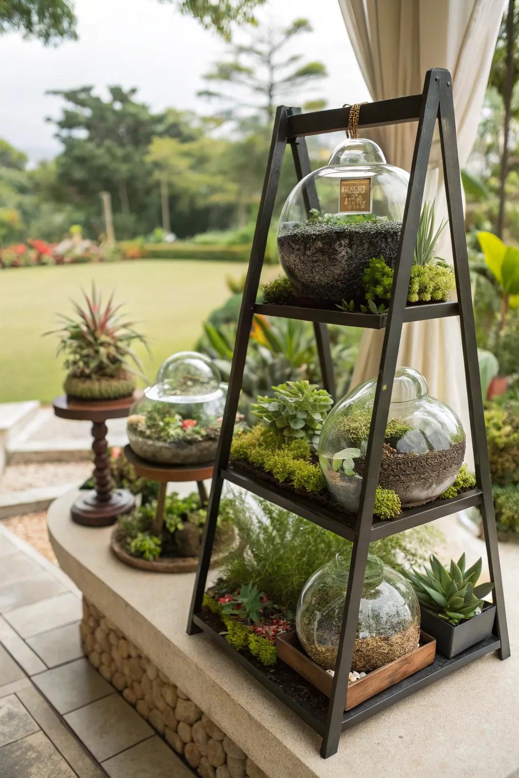 A tiered display of terrariums creates a mini botanical garden effect.