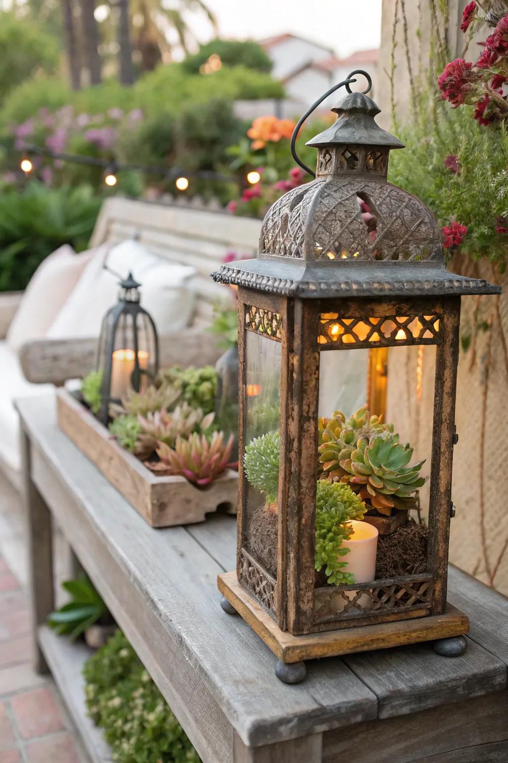 A vintage lantern repurposed into a charming terrarium.