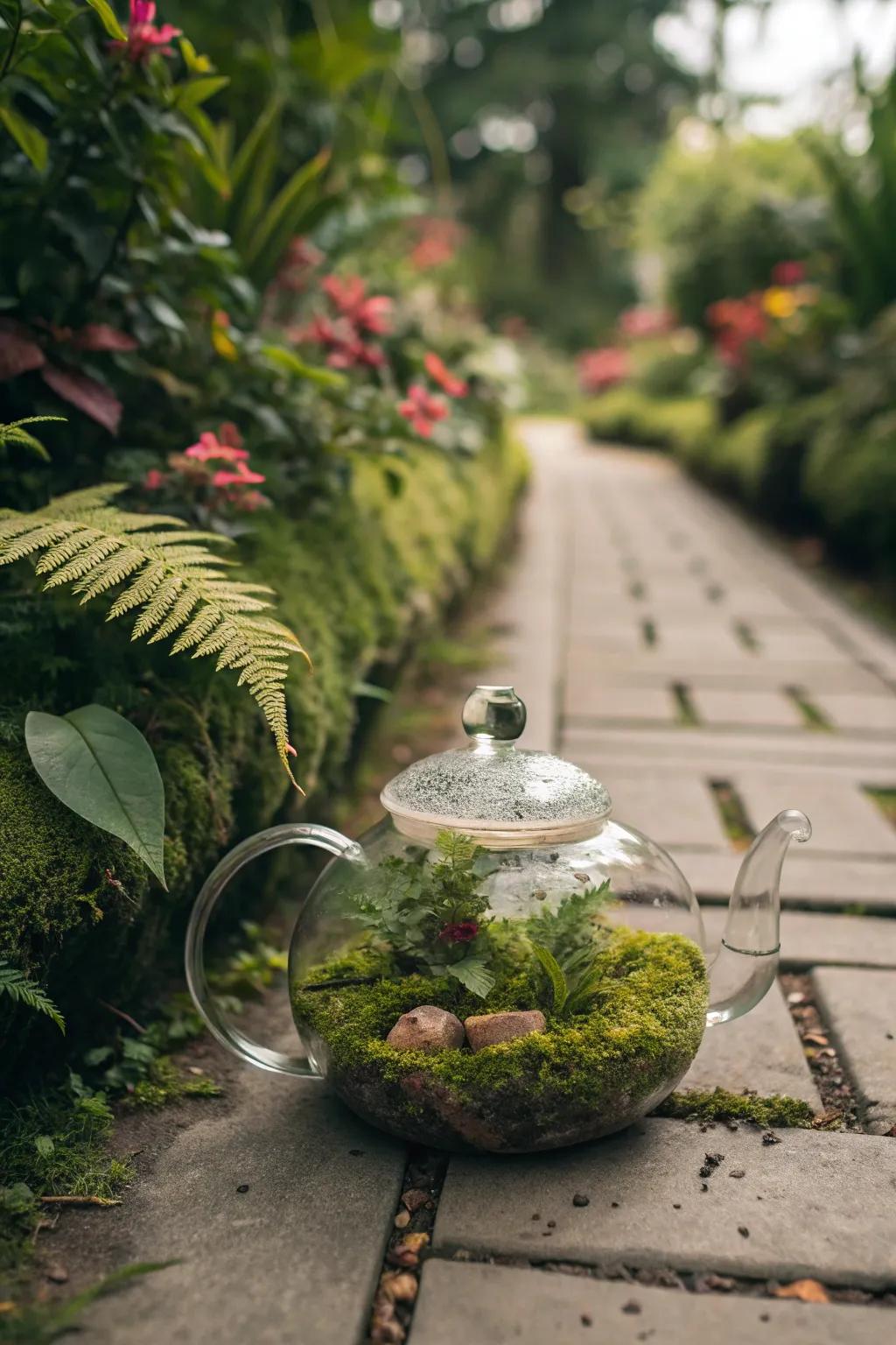A whimsical teapot terrarium adds a playful touch to garden paths.