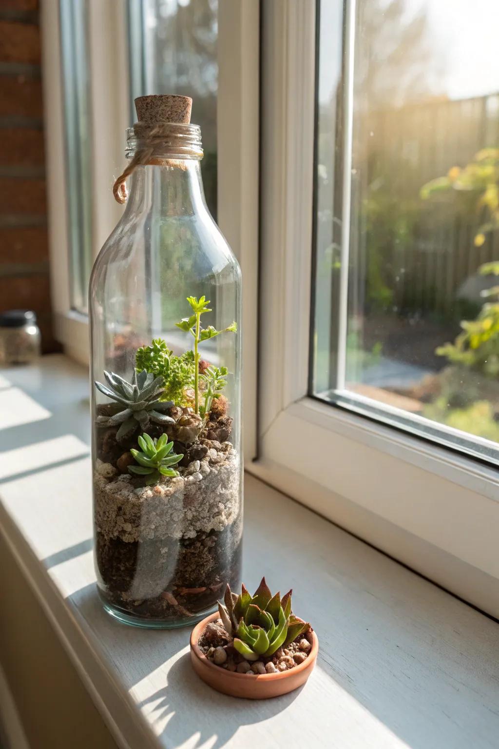An upcycled bottle terrarium offers a green and sustainable garden solution.