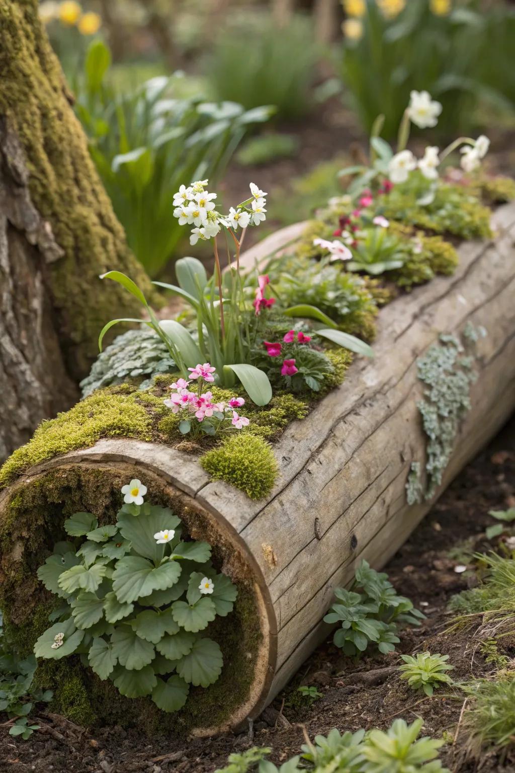 A rustic log terrarium harmonizes with the natural beauty of your garden.