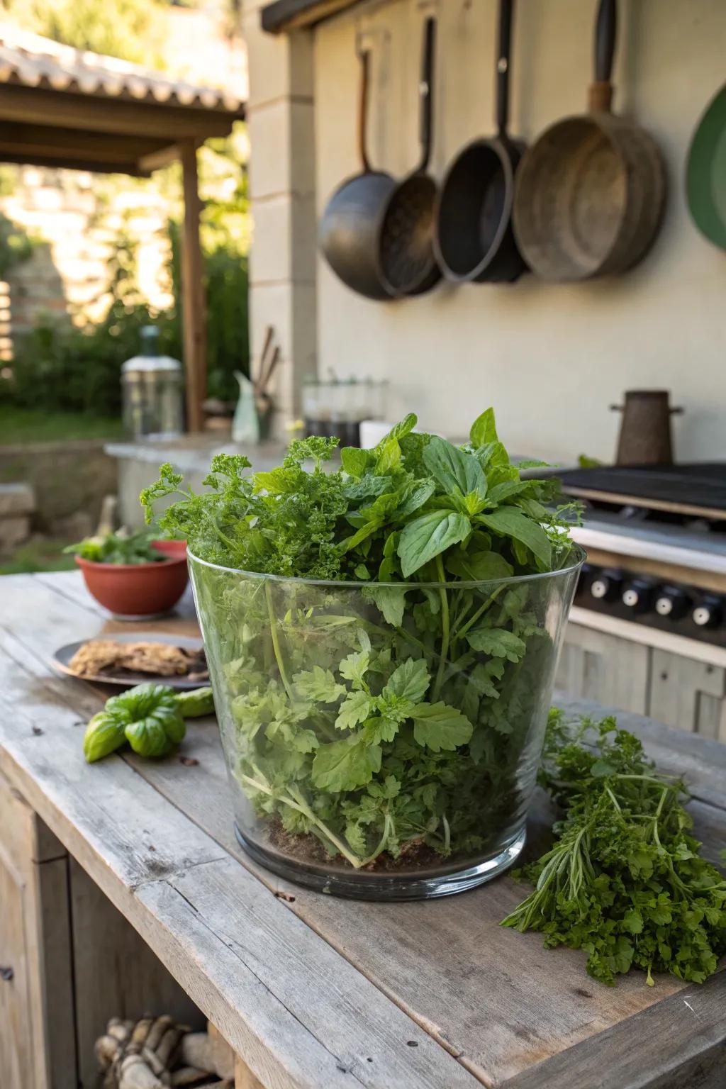 A glass terrarium filled with herbs brings freshness to outdoor cooking.
