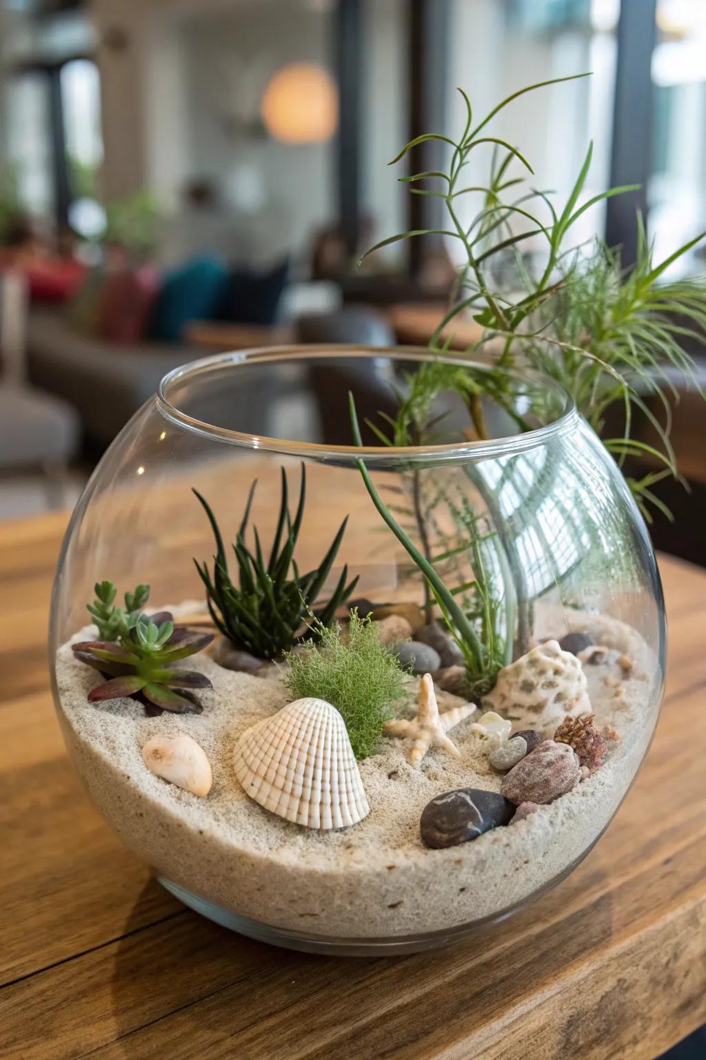A seaside-themed terrarium captures the spirit of coastal living.