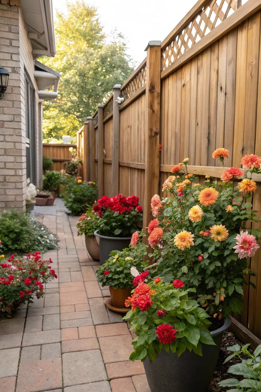 Dahlias thriving in a wind-protected courtyard