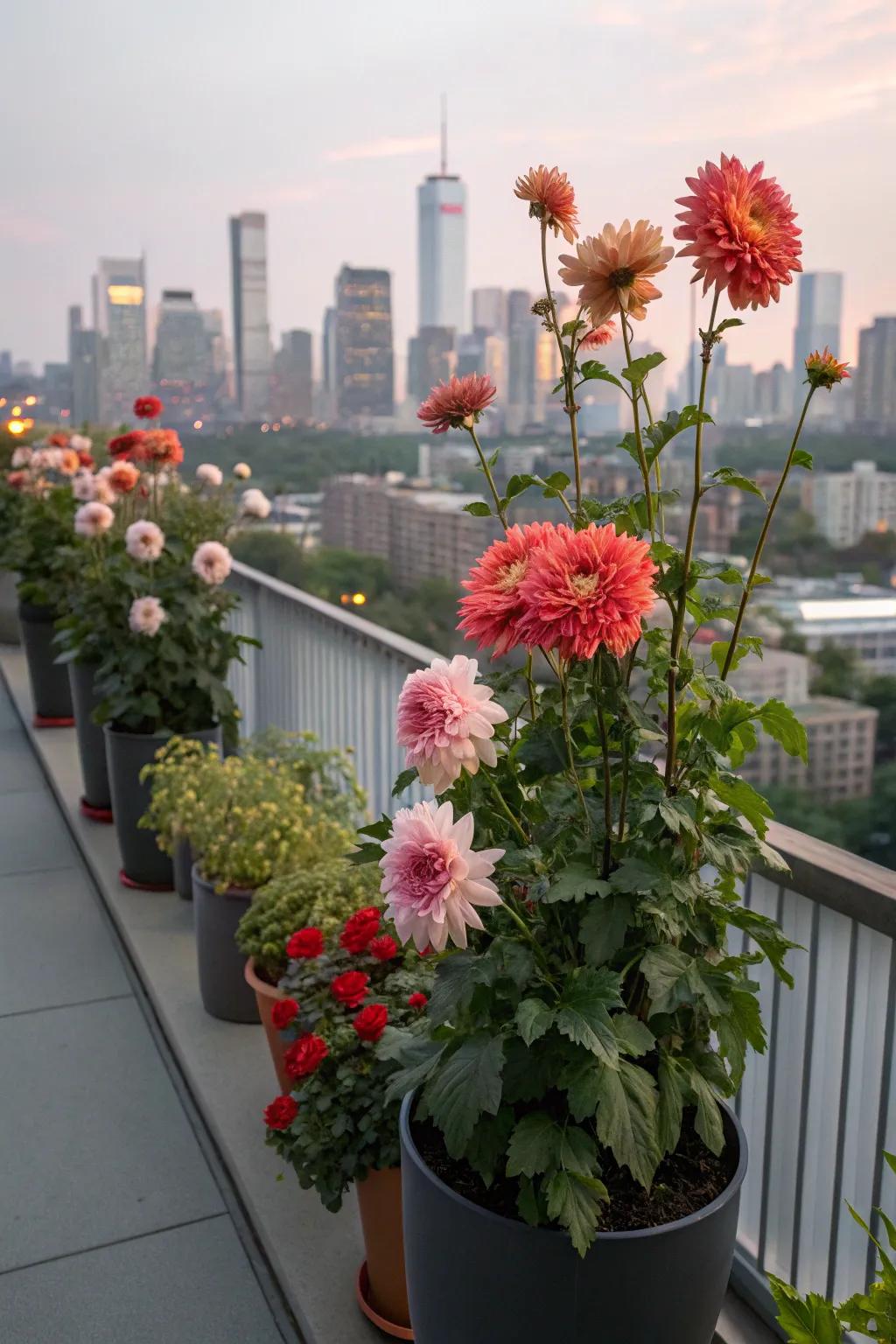 Dahlias providing privacy on a bustling balcony