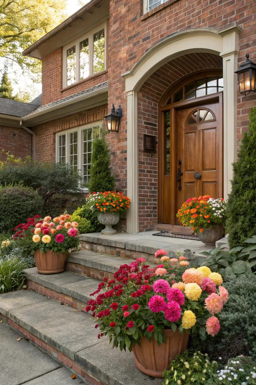 Welcoming entrance with vibrant dahlias