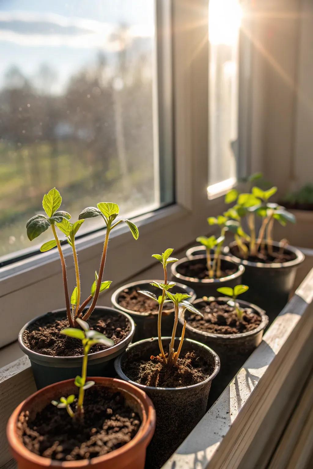 Dahlia tubers sprouting indoors in early spring