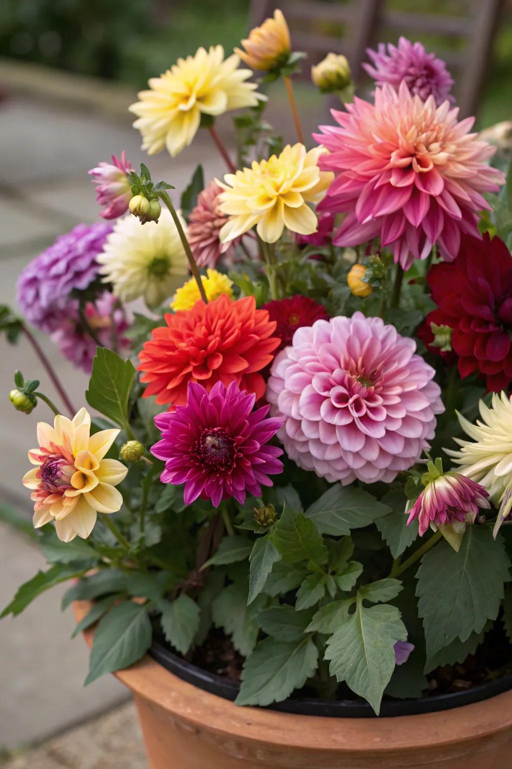 A vibrant mix of dahlia varieties in one pot
