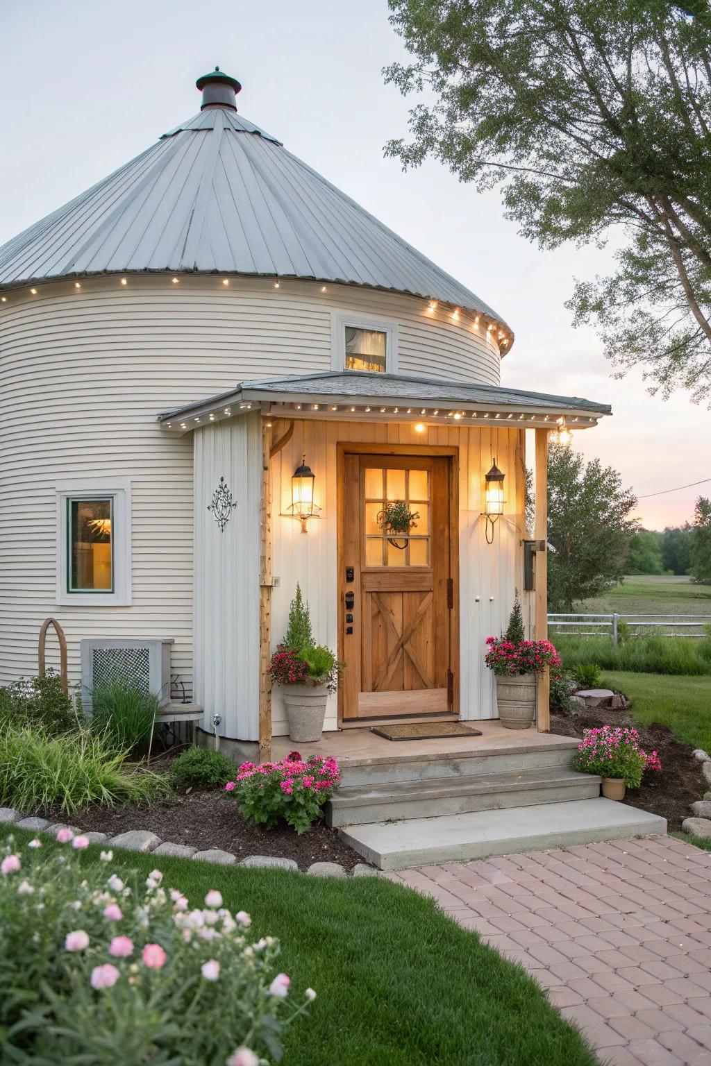 A grain bin transformed into a snug guest house.