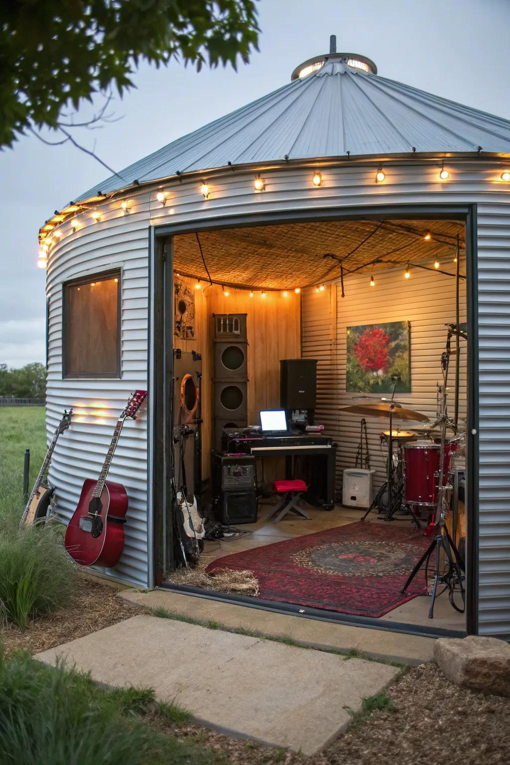 A grain bin transformed into a creative music studio.
