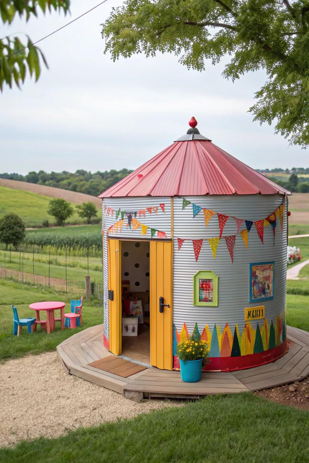 A grain bin transformed into a whimsical playhouse.