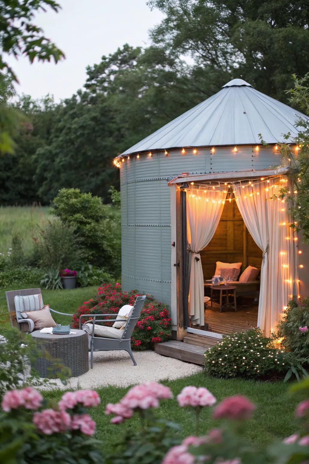 An old grain bin turned into a cozy garden gazebo.