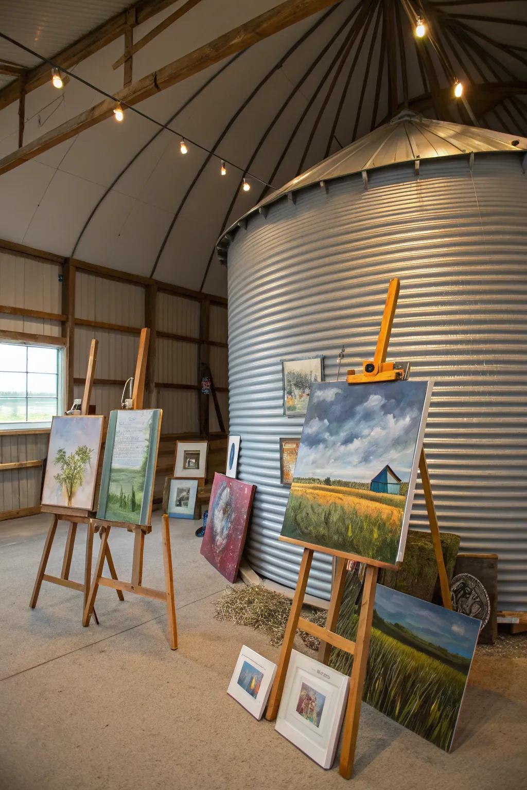A grain bin repurposed as a tranquil art studio.