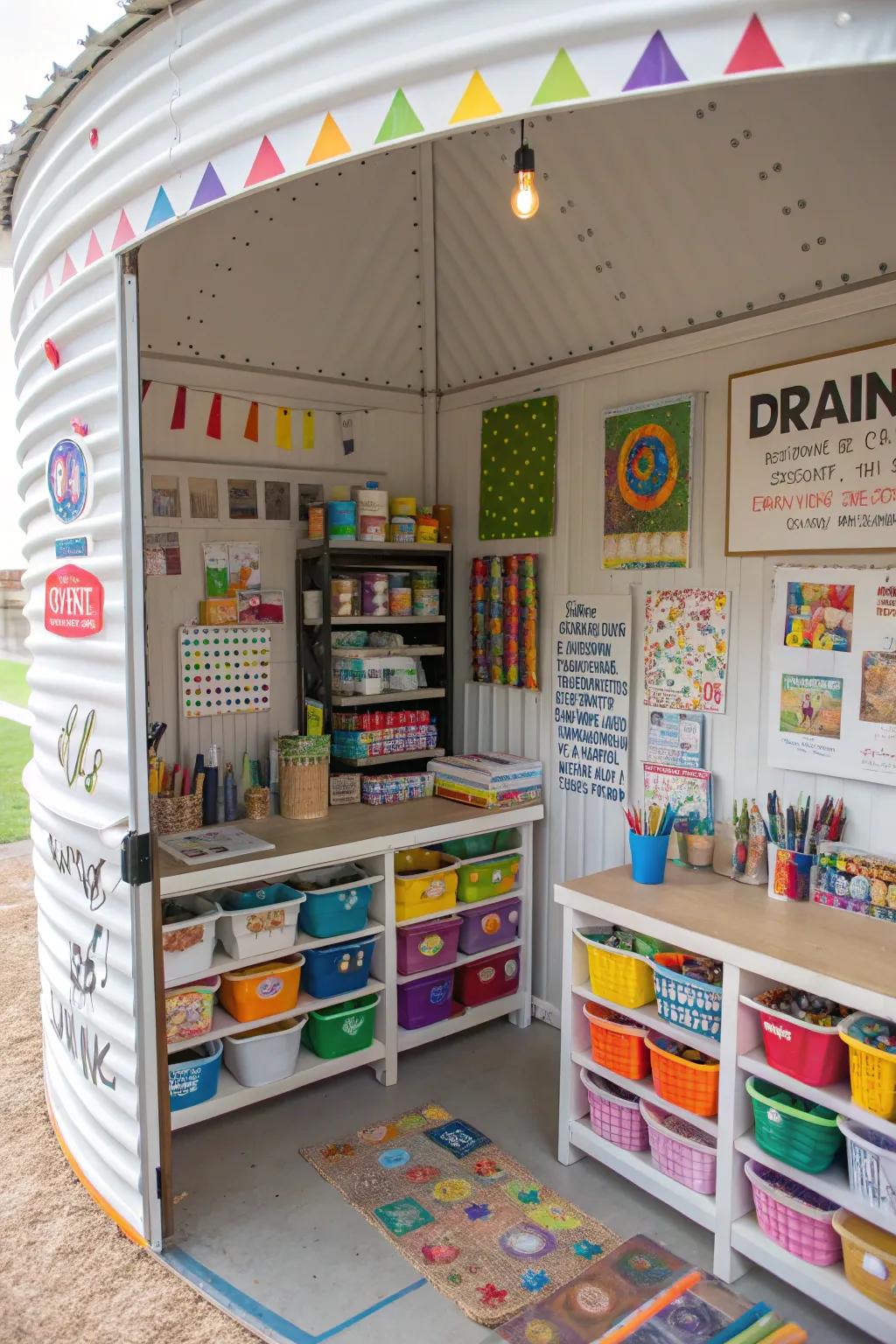 A grain bin repurposed as an inspiring craft room.