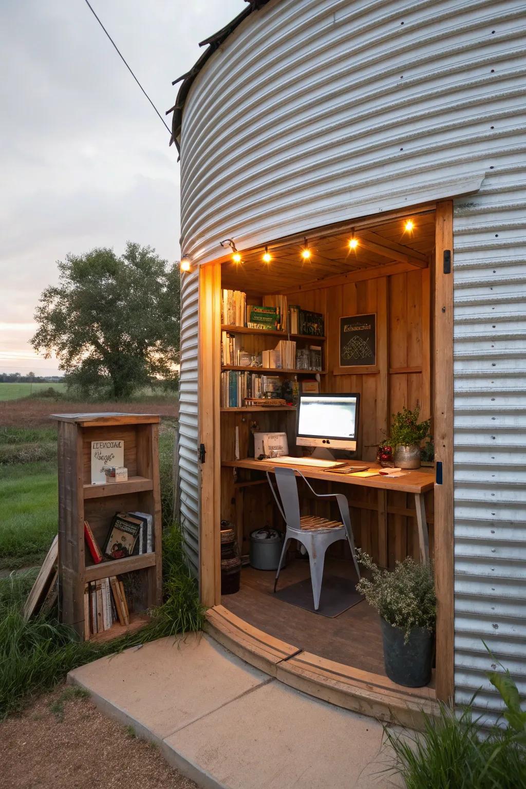 A grain bin converted into a functional home office.