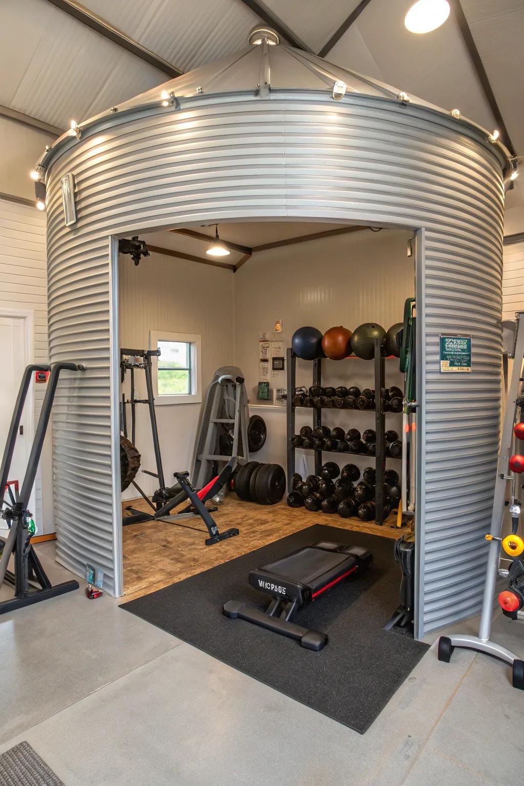 A grain bin transformed into a fully-equipped home gym.