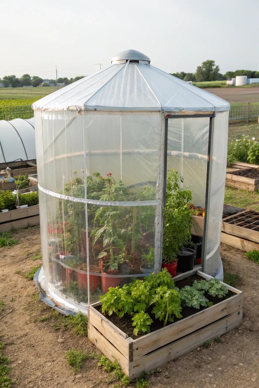 A grain bin repurposed as a productive mini greenhouse.