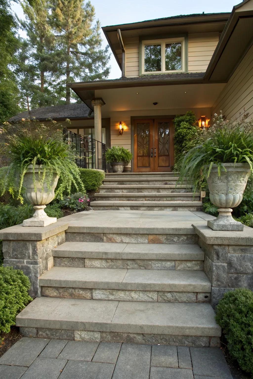 Wide steps creating a welcoming and grand entrance.