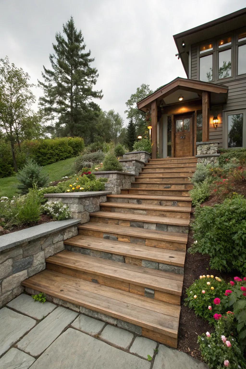 Textured stairs using a mix of wood and stone materials.