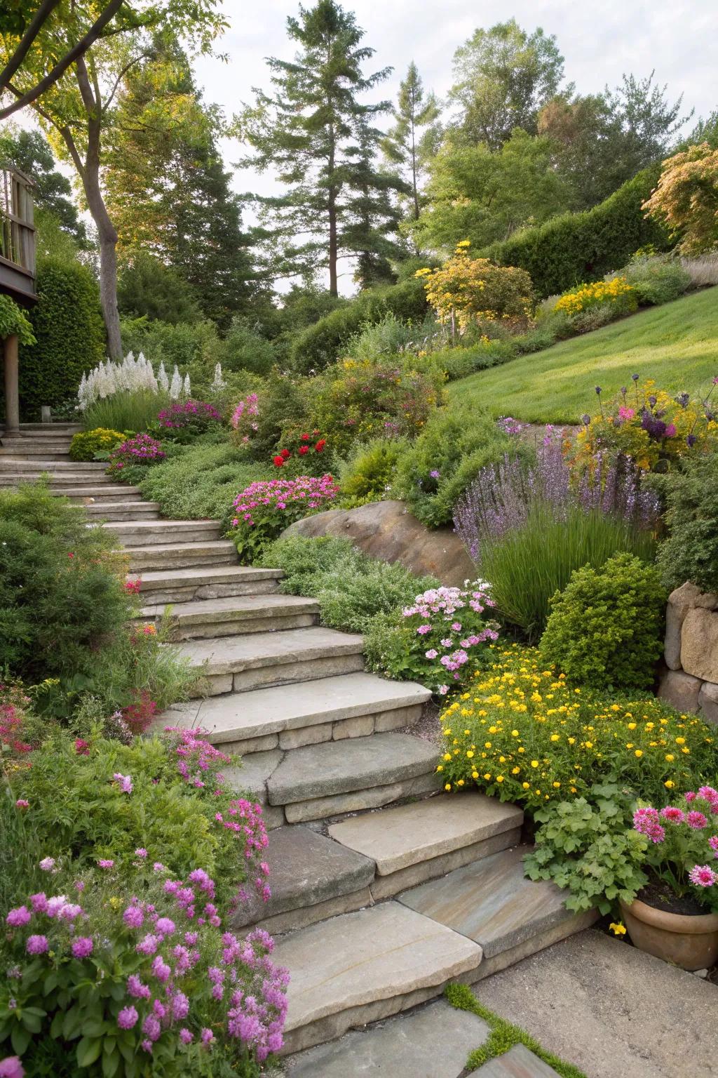 Harmonious integration of stairs with landscaping.