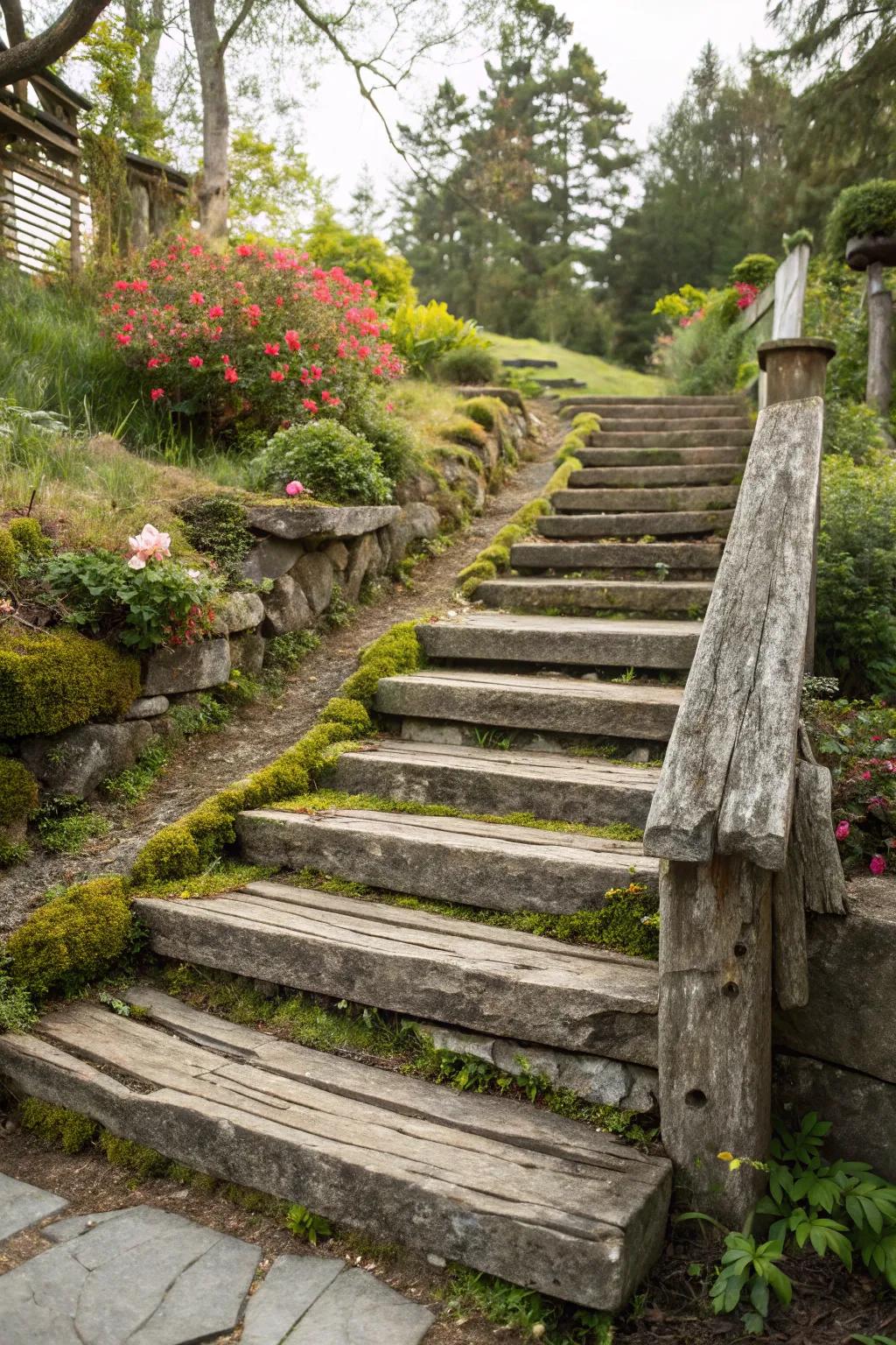 Rustic charm with reclaimed wood and stone.