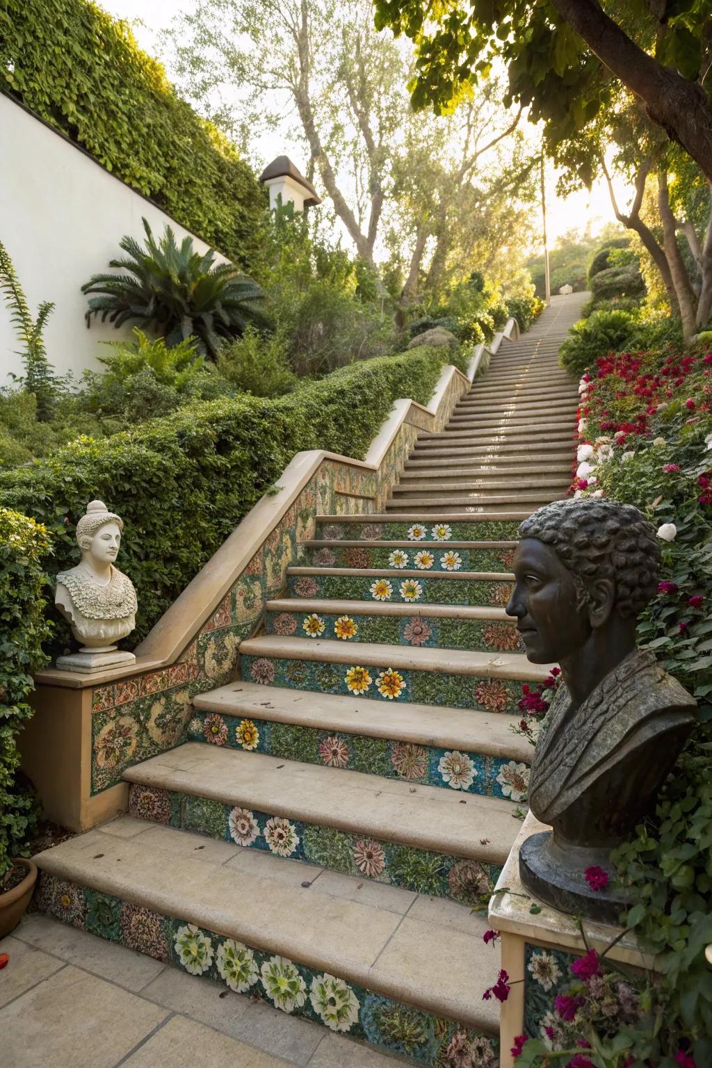 Artistic sculptures making stairs a visual delight.