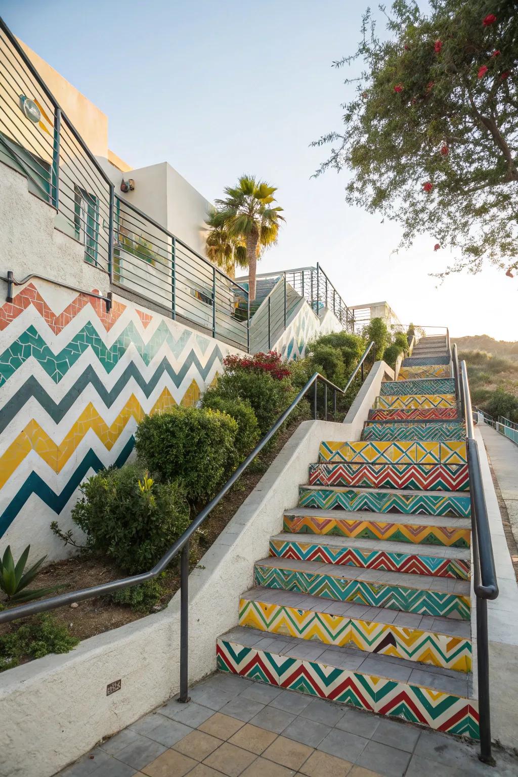 Playful chevron pattern on outdoor stairs.