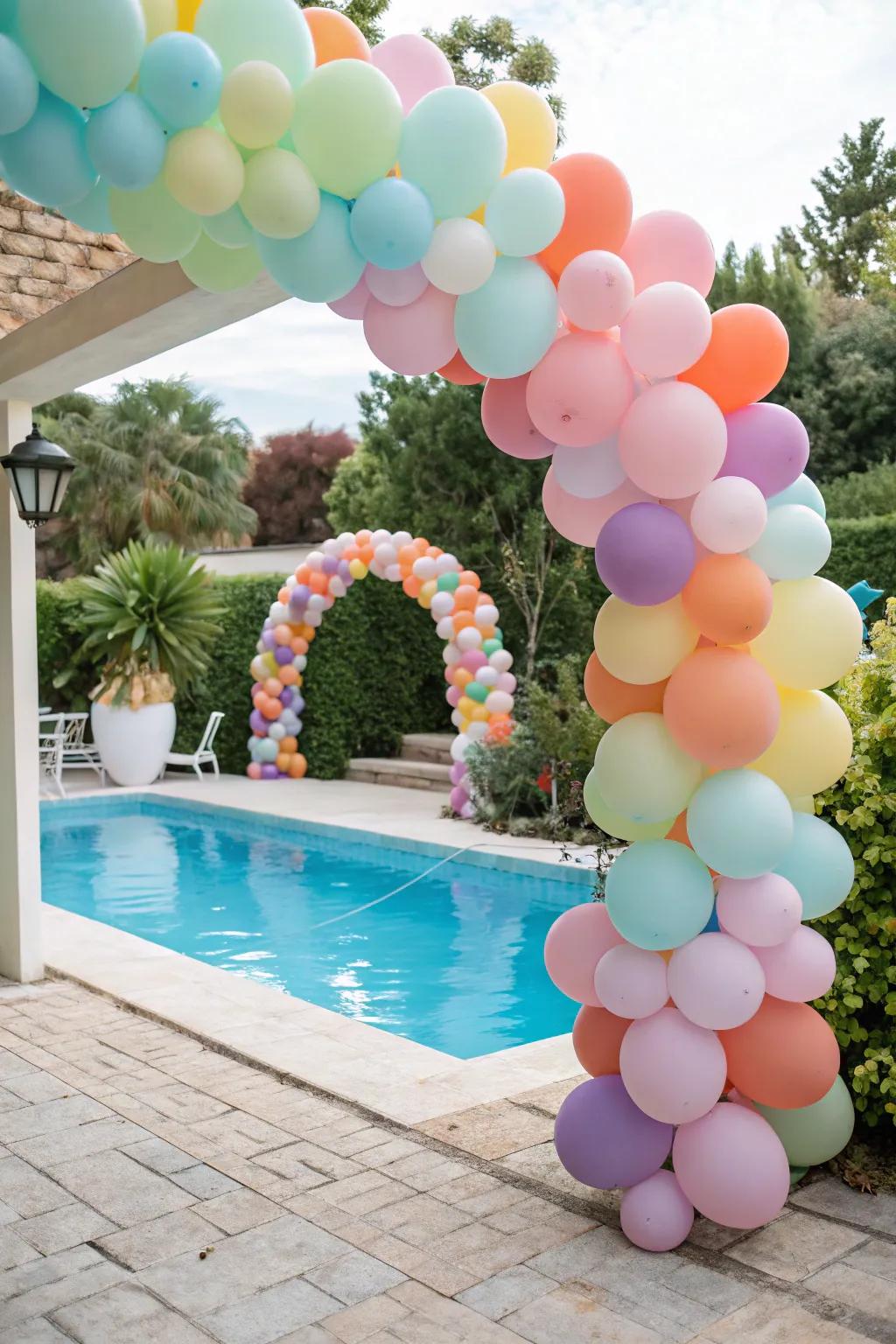 A colorful balloon arch sets the festive tone for your pool party.