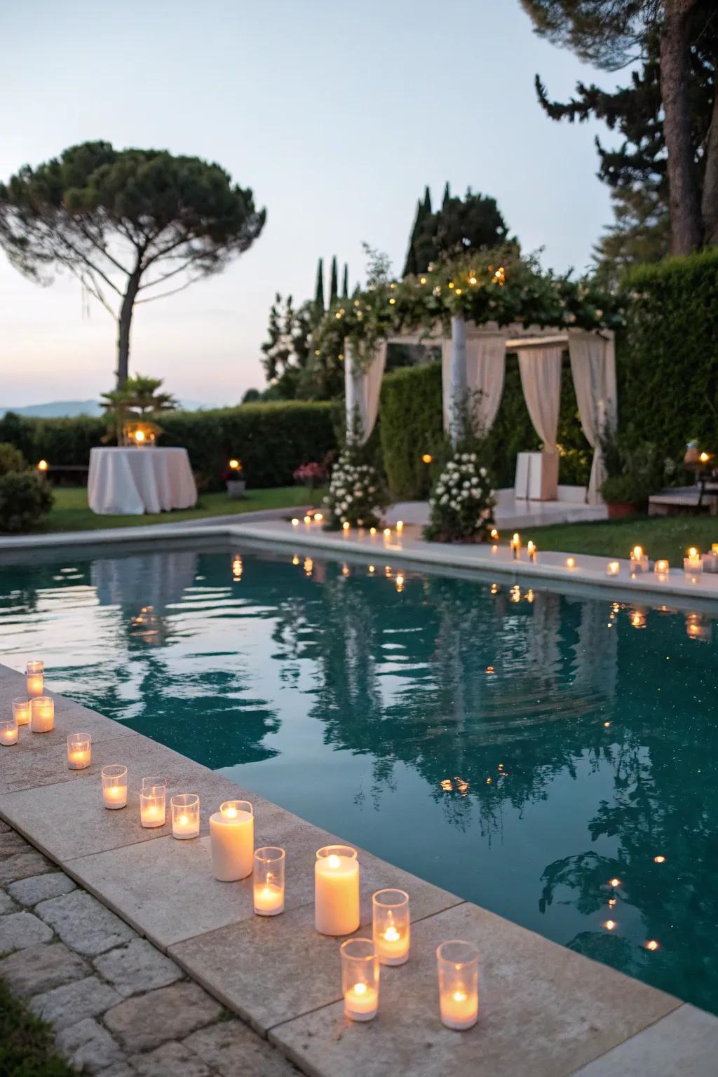 Floating candles add a touch of elegance to poolside evenings.