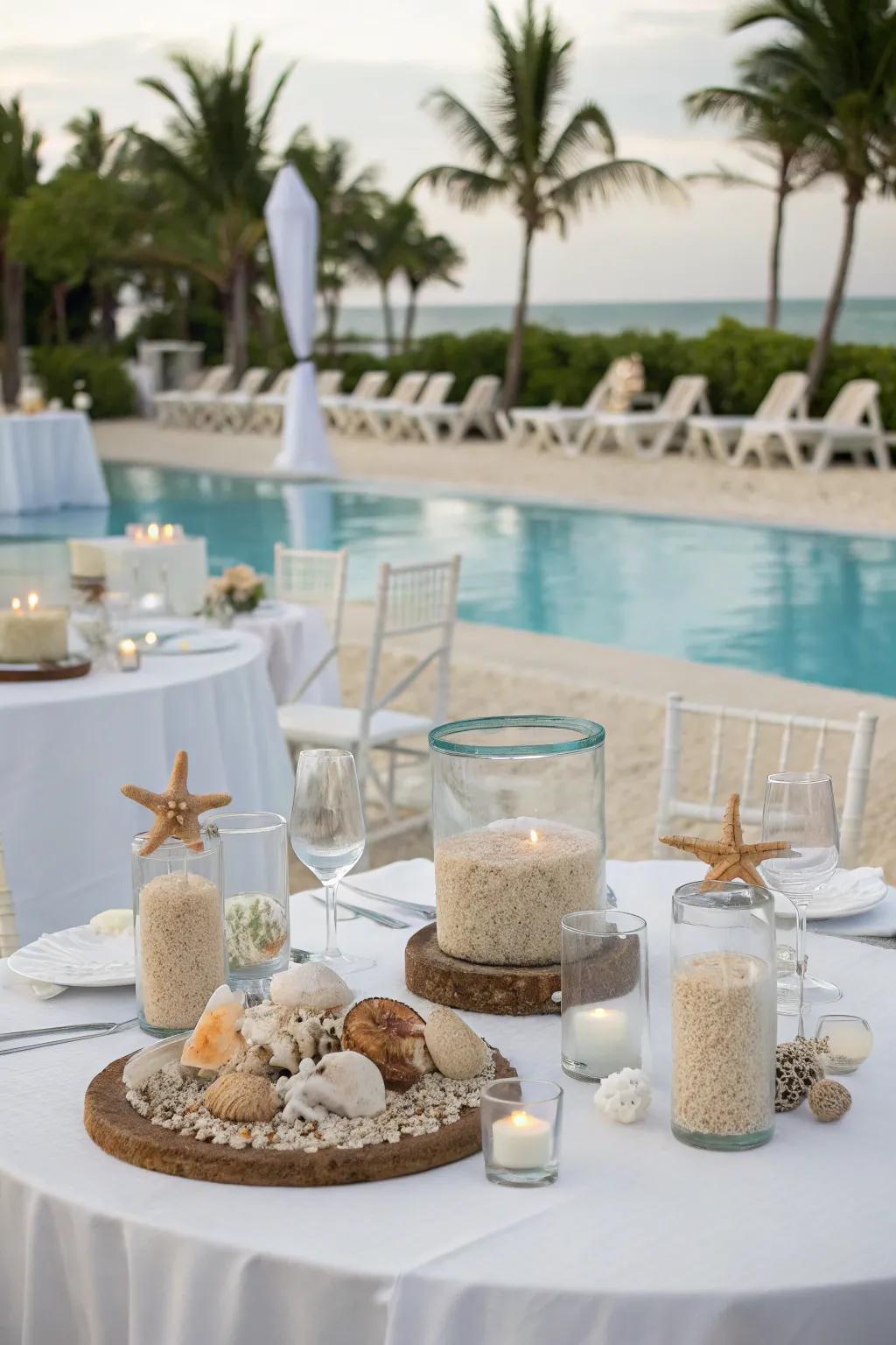 Seashell centerpieces bring a beach vibe to tables.