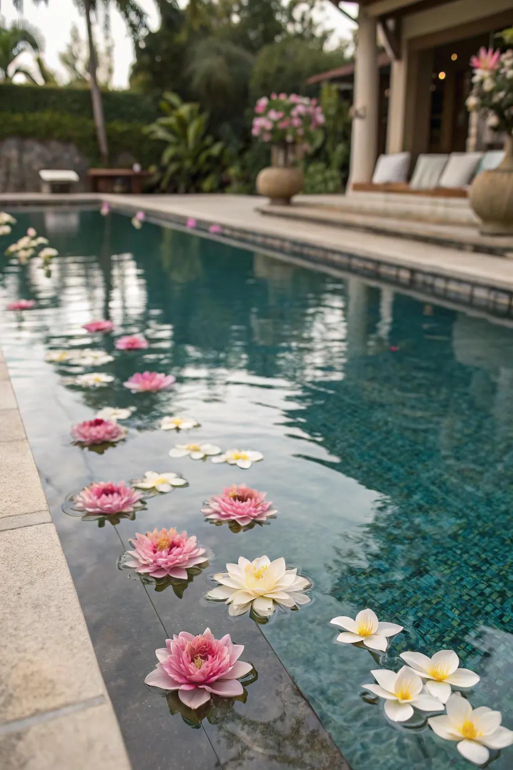 Floating flowers enhance the natural beauty of the pool.
