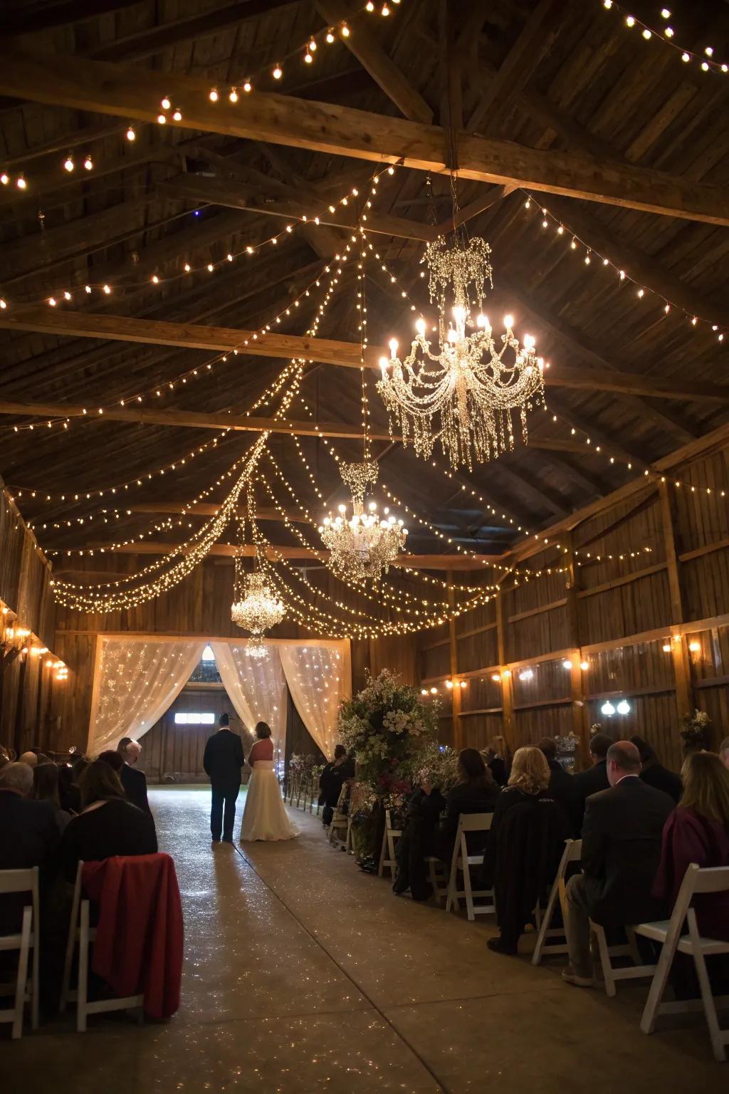 Create a magical atmosphere with chandeliers and string lights.