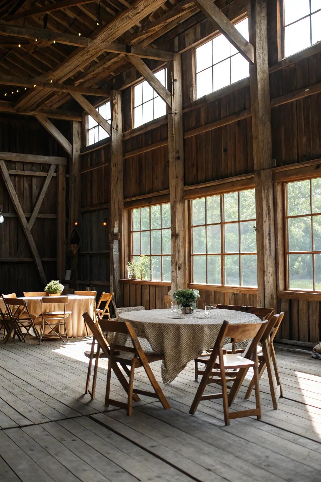 Complete the rustic look with wooden tables and chairs.