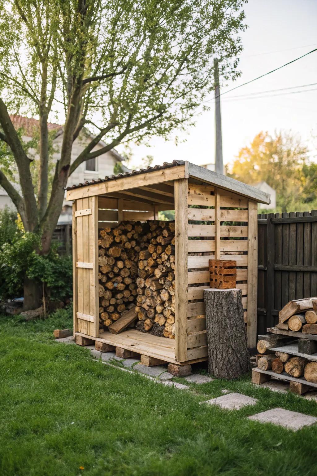 Budget-friendly DIY pallet firewood storage.