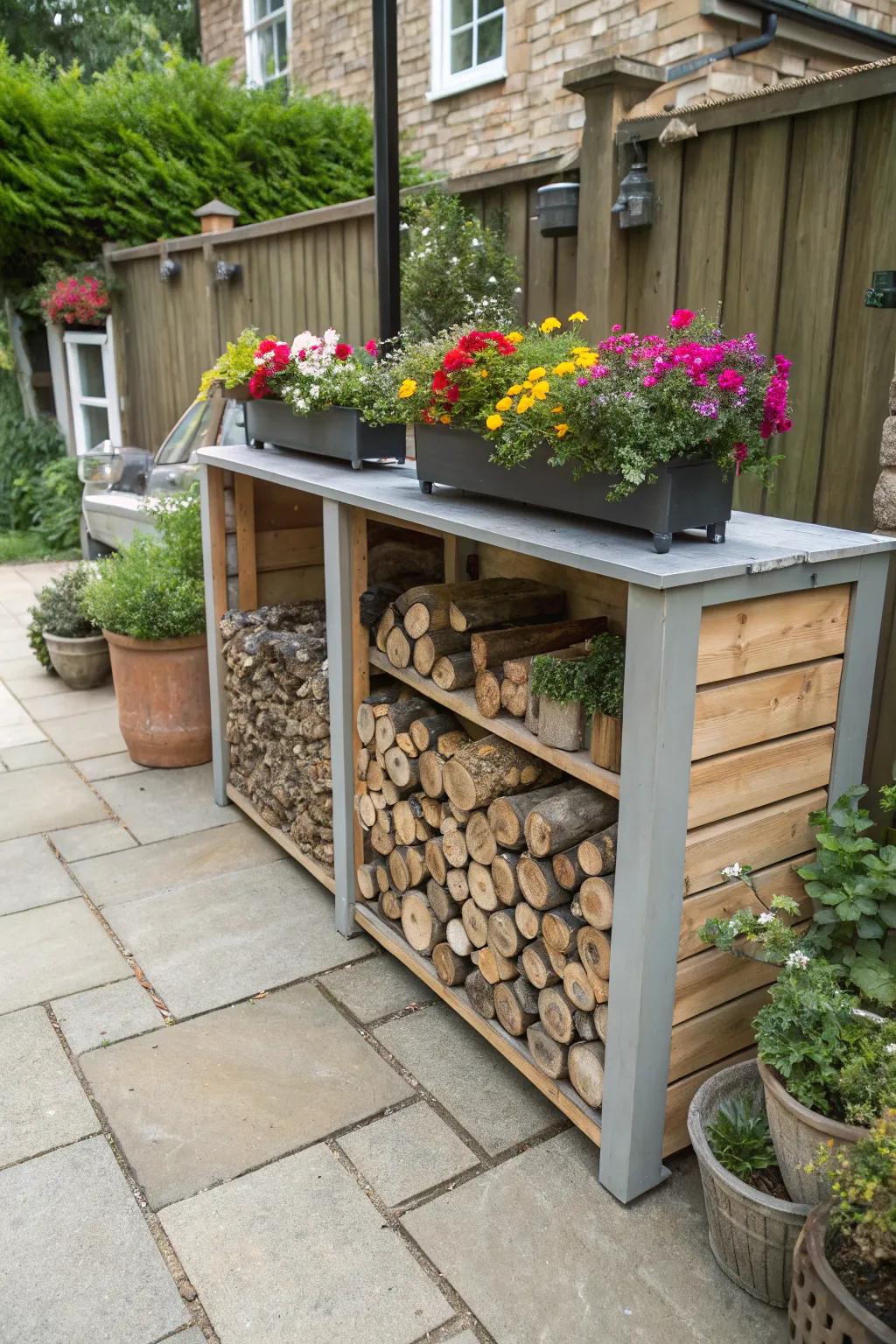 Firewood storage with integrated planters for added greenery.