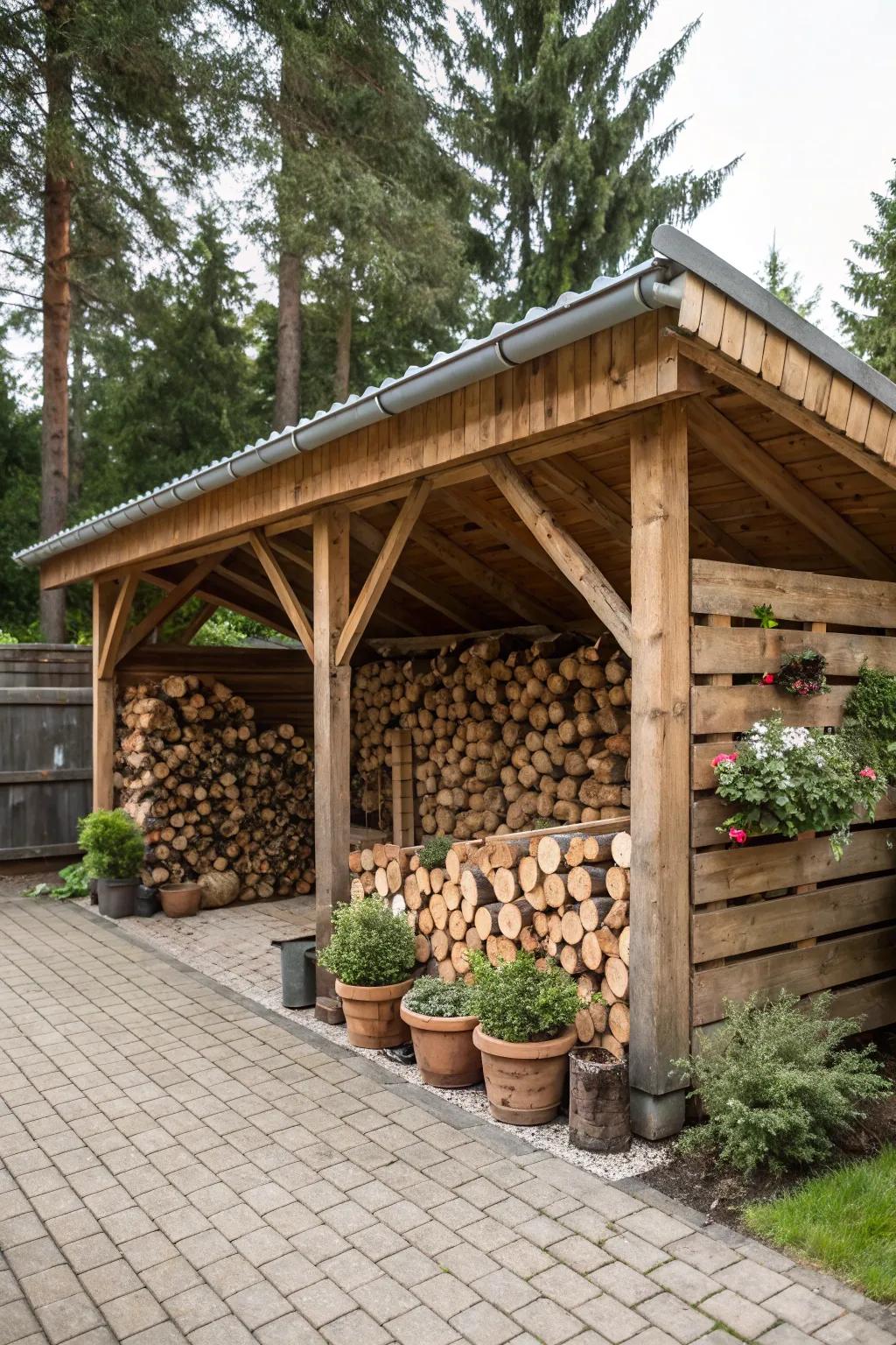 A spacious firewood shed with decorative touches.