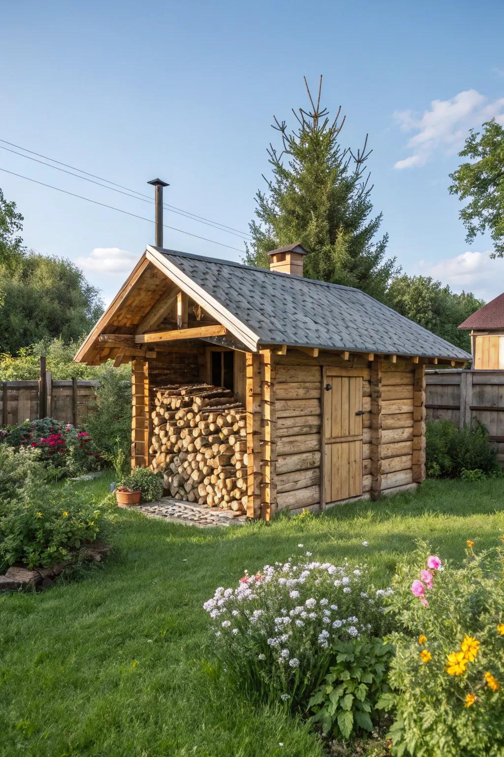 A rustic log shack for outdoor firewood storage.