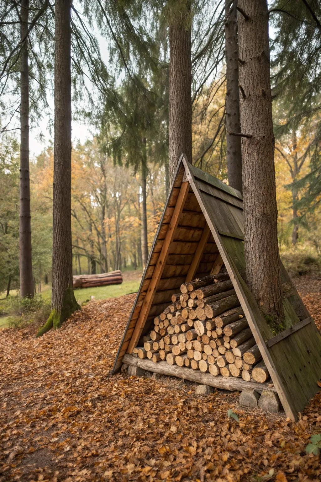 Rustic A-frame firewood storage solution.