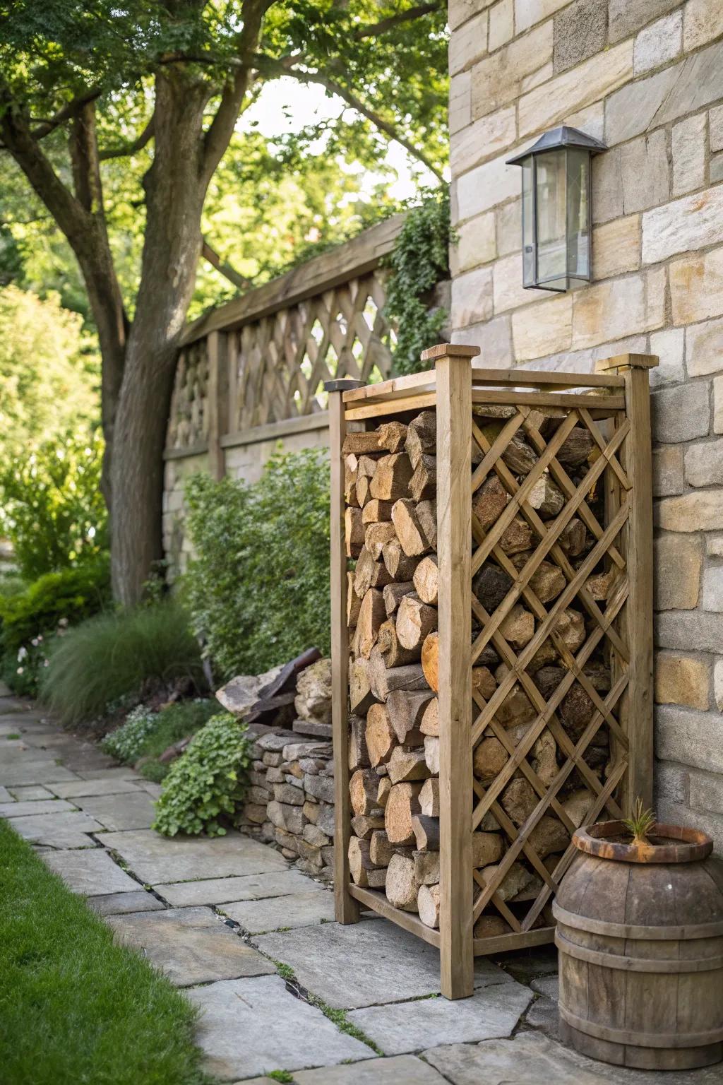 Elegant lattice log holder for firewood.