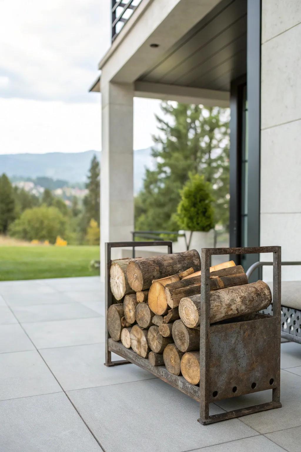 Industrial-style weathered steel firewood rack.