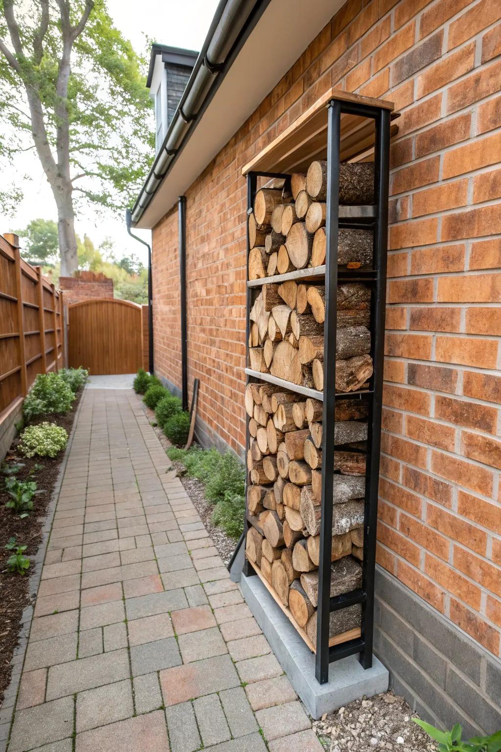 Space-efficient wall-mounted firewood storage.